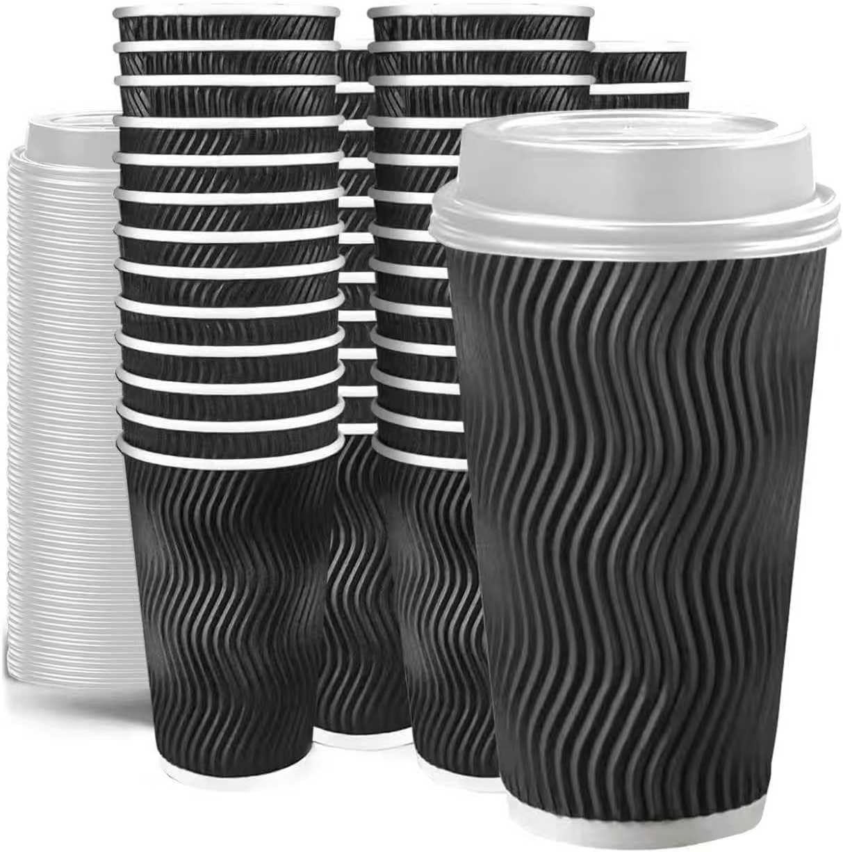 100 Set - 16 oz Coffee Cups with Lids, Disposable Insulated Corrugated Paper Cups, Double Wall Ripple To Go Cups (Black)