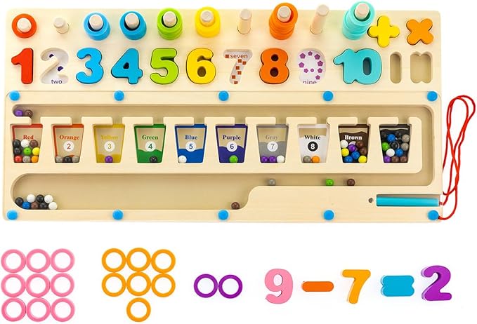 Puzzle Toddlers Wooden Three in one Maze Logarithm Board with Math Shape Blocks、 Magnetic Pen and Ball for Children's Color Cognition and Preschool Math Counting (Wood-Color)