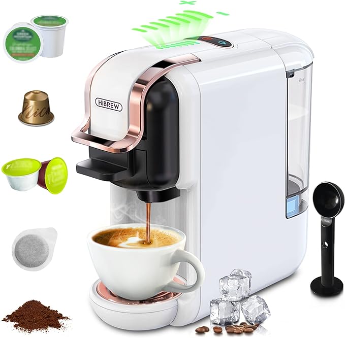 HiBREW H2B 5-in-1 Pods Coffee Maker, 19 Bar Espresso Machine for Pods, for Kcup*/Nes*/DG*/Espresso Powder, Makes iced coffee (White) (Open Box)