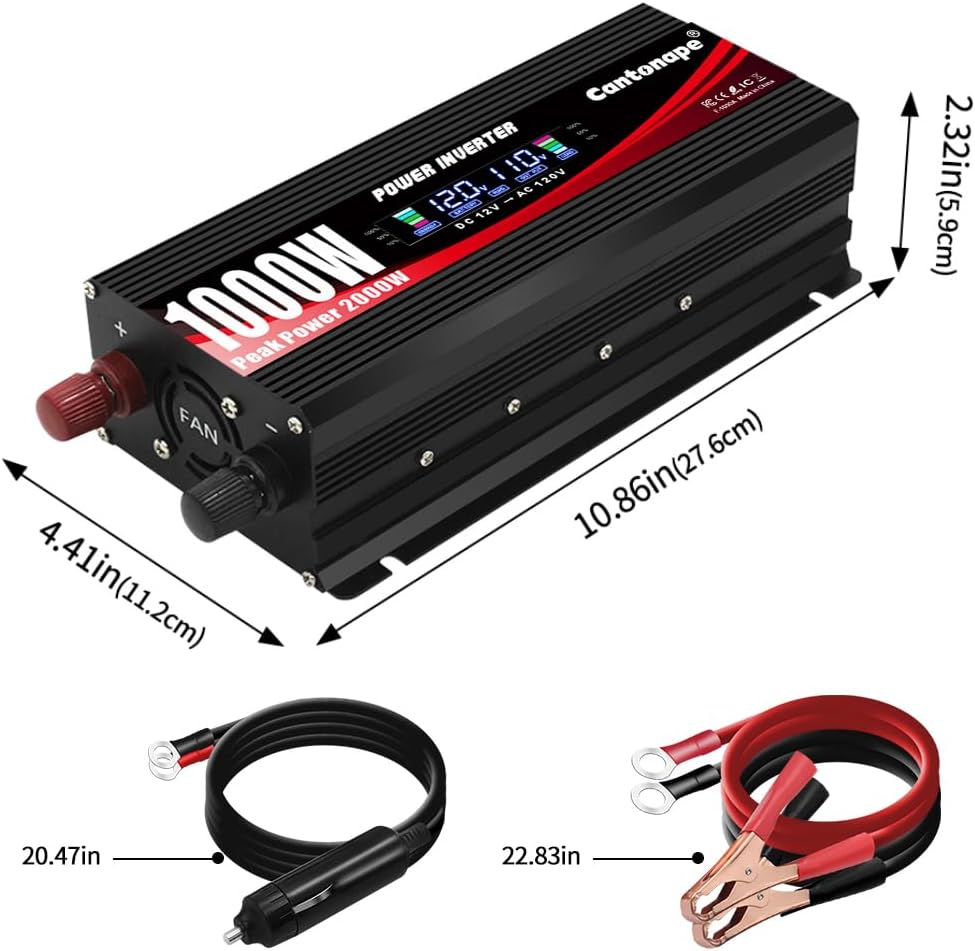 Cantonape 1000W/2000W(Peak) Car Power Inverter DC 12V to 110V AC Converter with LCD Display Dual AC Outlets and Dual USB Car Charger for Car Home Laptop Truck Red