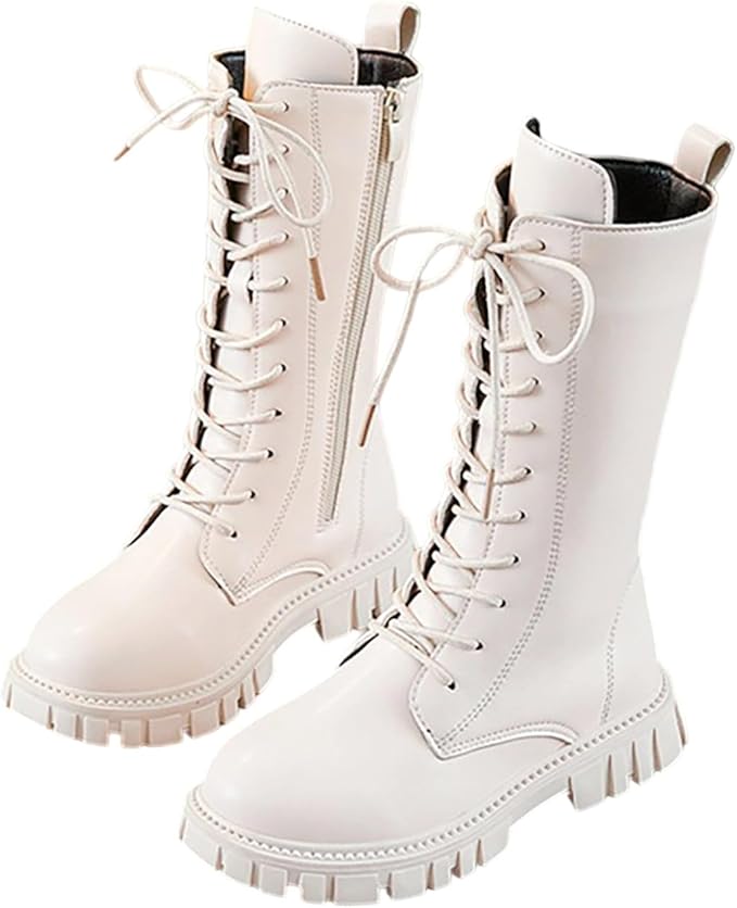Girls Lace Up Riding Boots Mid Calf Combat Boots PU Leather Side Zipper Punk Goth Boot Size: 4.5