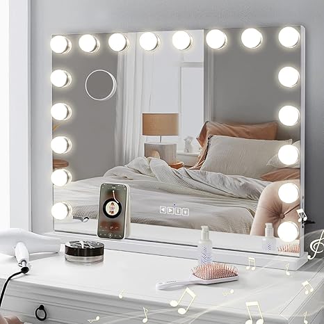 COOLJEEN Large Hollywood Vanity Mirror with Lights Bluetooth 18 Dimmable LED Bulbs, 3 Color Modes Lighted Makeup Mirror with USB Charging Port (NEW)