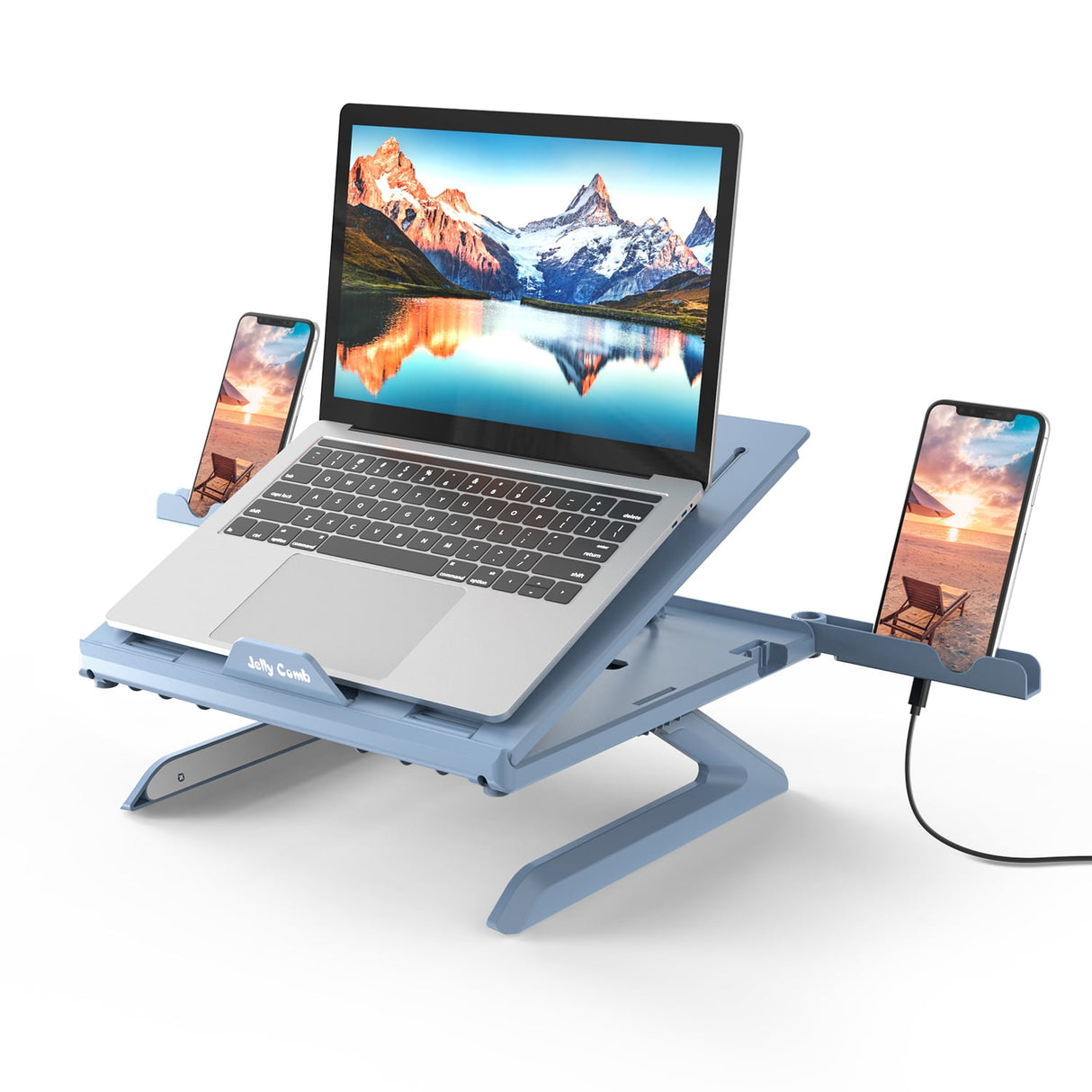 Jelly Comb Laptop Stand, Ergonomic Notebook Riser Desk 9-Level Adjustable with Foldable Legs, Phone Holders and Cooling Design for Macbook, Tablet, Book, Computer Desktop Monitor, Gray-Blue