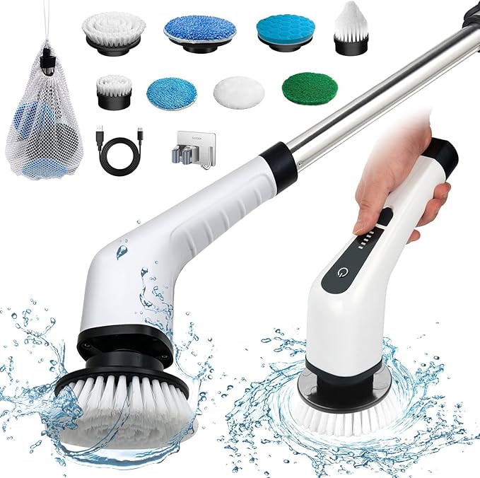 Electric Spin Scrubber with Long Handle: Cordless Power Shower Scrubber - Spin Brush with 7 Brush Replacement Heads for Cleaning Bathroom,Tub, Tile (NEW)