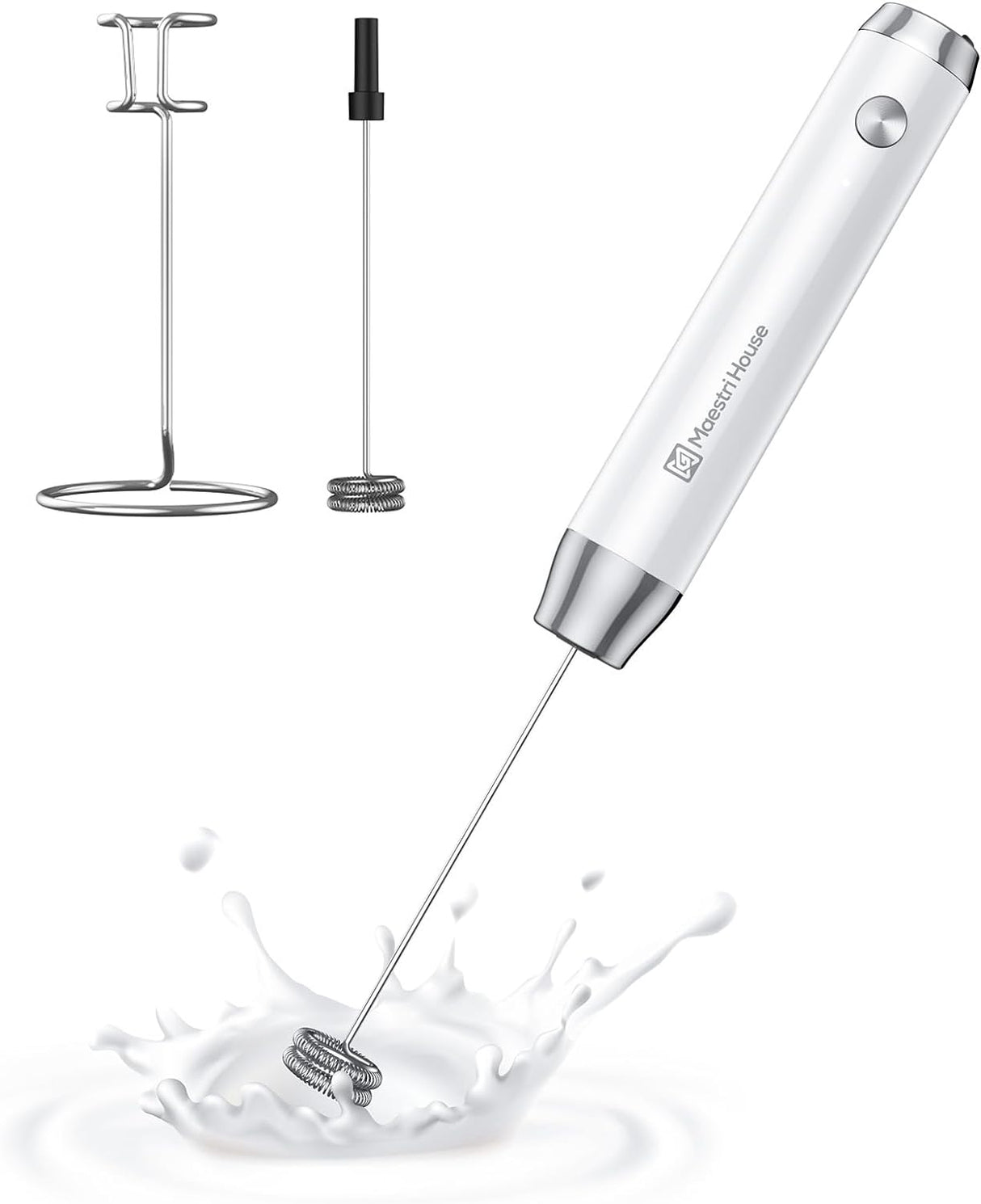 Maestri House Rechargeable Milk Frother with Stand, Handheld Electric Foam Maker Waterproof Detachable Stainless Steel Whisk (New Open Box)