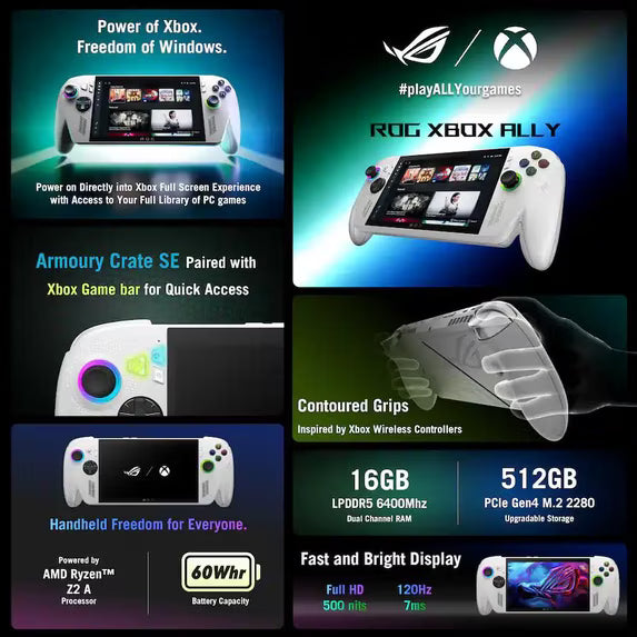 ROG Xbox Ally 7" FHD 120Hz Gaming Handheld, 3-Month Xbox Game Pass Premium, AMD Ryzen Z2 A, 16GB RAM, 512GB SSD