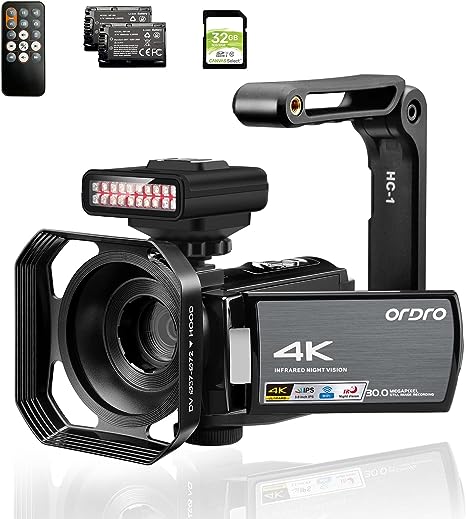 ORDRO 4K Camcorder Video Camera FHD 1080P 60FPS 48MP WiFi Video Camera Recorder 4K IR Night Vision Camcorder 3.0'' IPS Infrared Camera Ghost Hunting Camera w IR Night Light, 32GB SD Card，2 Batteries
