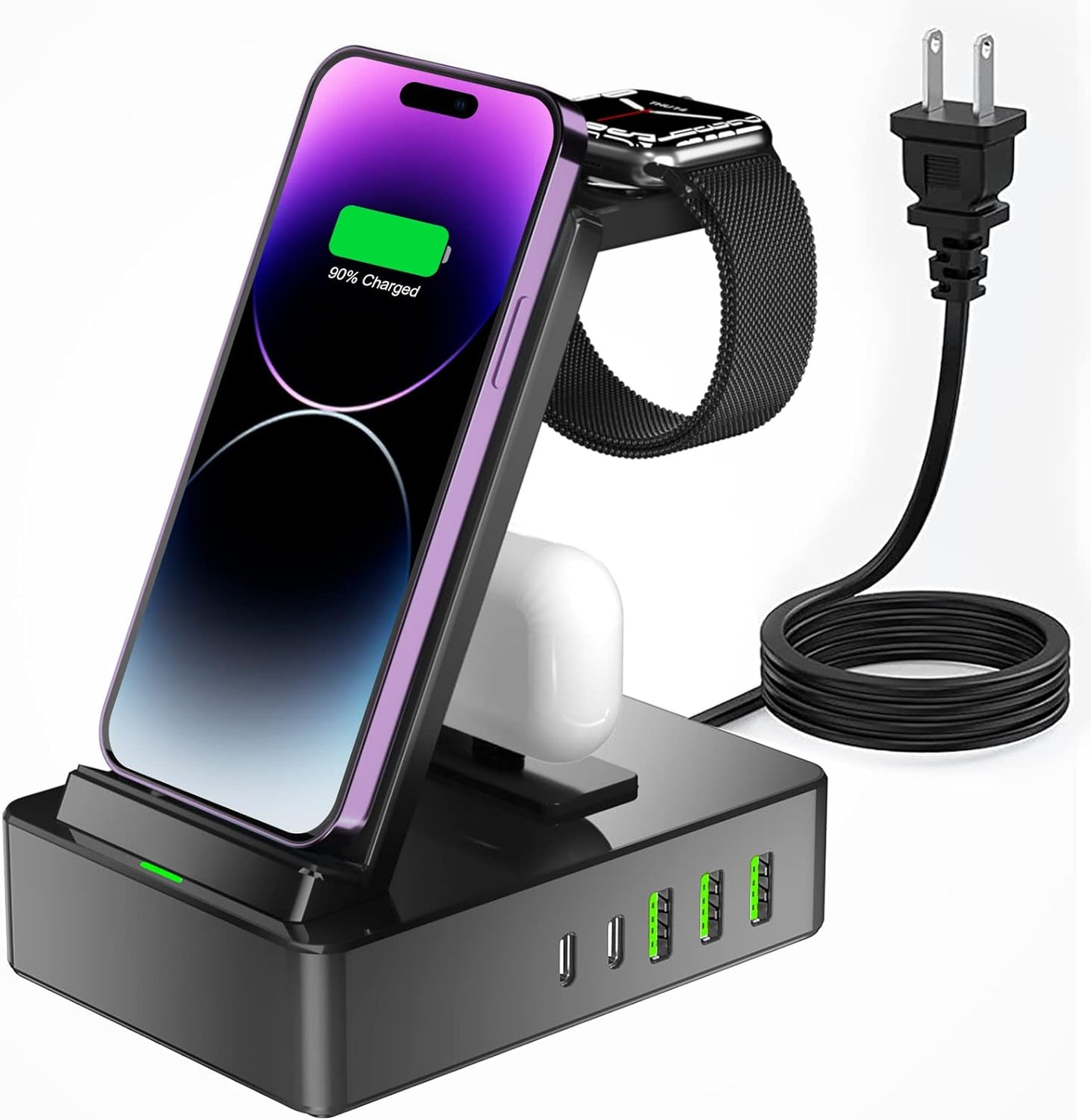 8 in 1 Charging Station, 100W Wireless Charging Station for Multiple Devices Apple with 20W USB C 2 Ports, Aluminum Alloy Cell Phone Charging Station Compatible with iPhone Series, iWatch, AirPods Pro