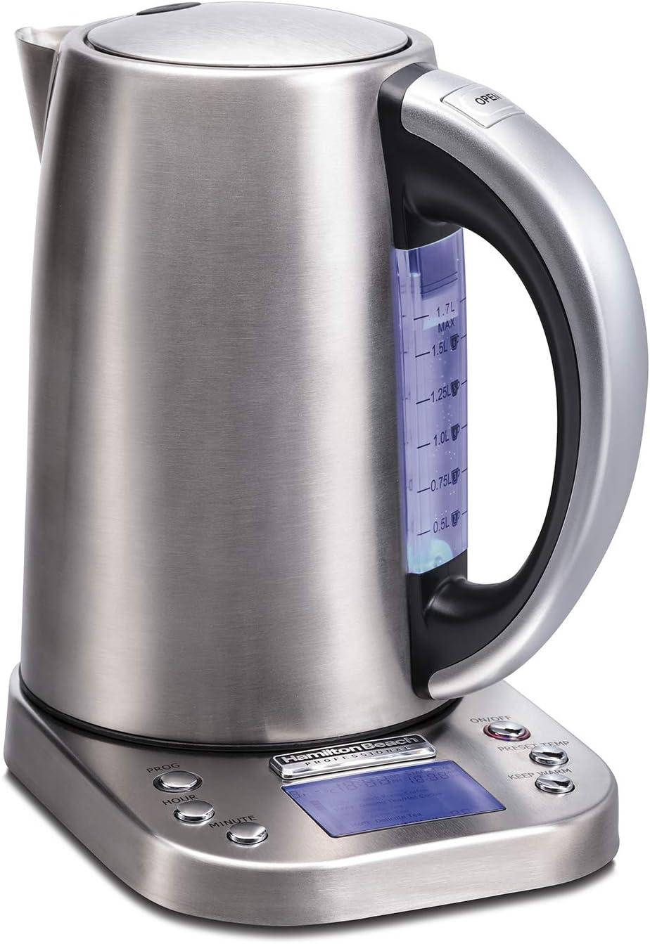 Hamilton Beach Professional Digital LCD Temperature Control Electric Tea Kettle, Water Boiler & Heater, 1.7 Liter, Fast Boiling 1500 Watts, Cordless, Auto-Shutoff & Boil-Dry Protection, Silver (41028)