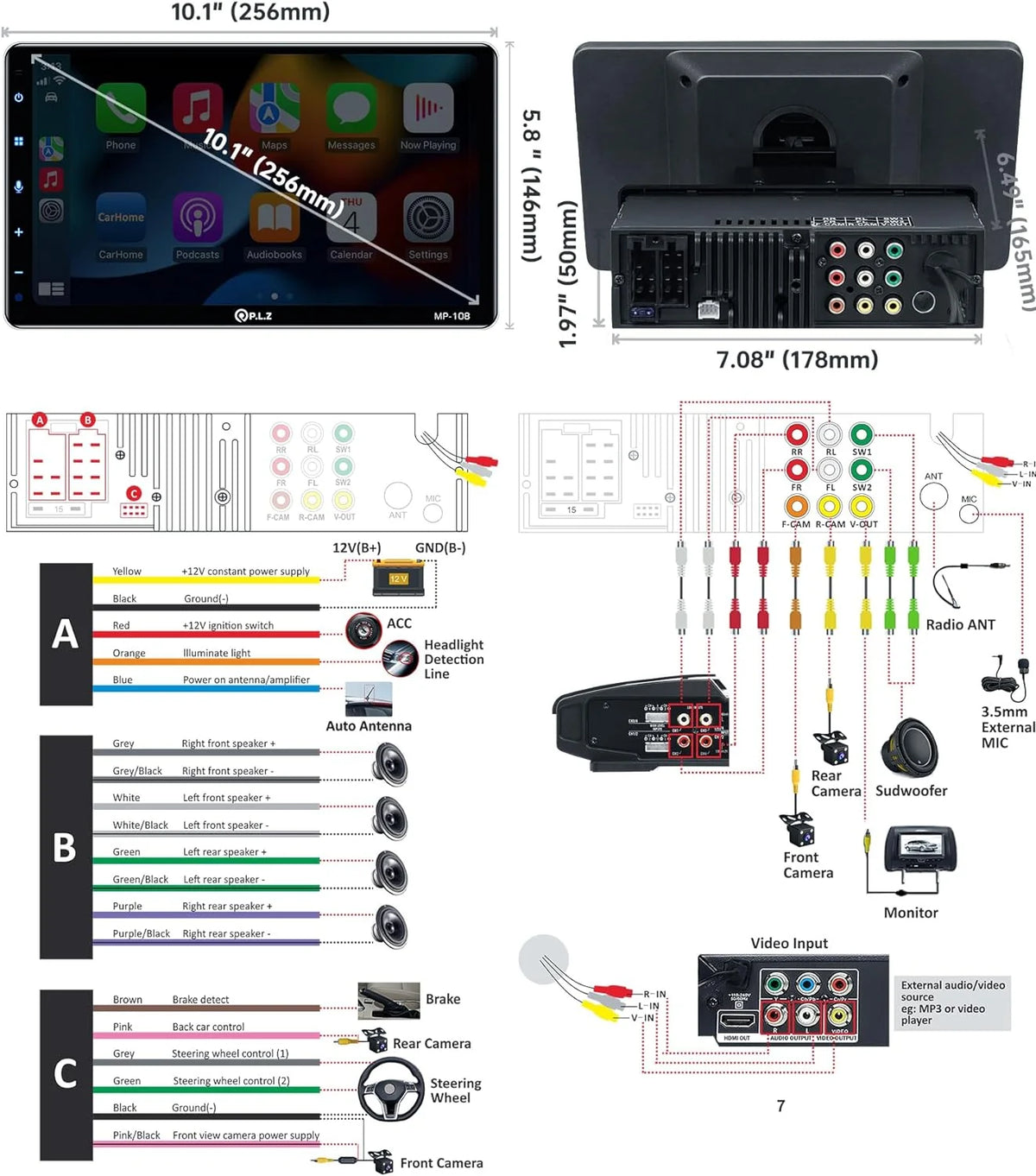 MP-108 10.1 Inch Single Din Car Stereo With Wireless Apple CarPlay & Android Auto