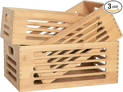 ANMINY 3PCS Natural Bamboo Wooden Storage Bins Set Desk Basket Box Hollow Striped Crates Kitchen Food Container with Handles Decorative Cloth Baby Nursey Laundry Closet Cabinet Shelf Drawer Organizer