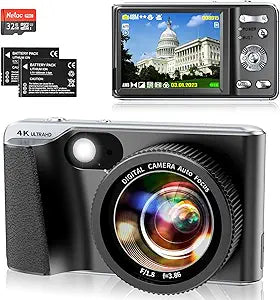 Digital Camera - 4K 44MP UHD Digital Cameras for Photography - Autofocus Point and Shoot Vlogging Camera with 16X Zoom, 32GB SD Card, 2 Batteries - Compact Small Camera for Kids Teens Boys Girls (NEW, OPEN BOX)