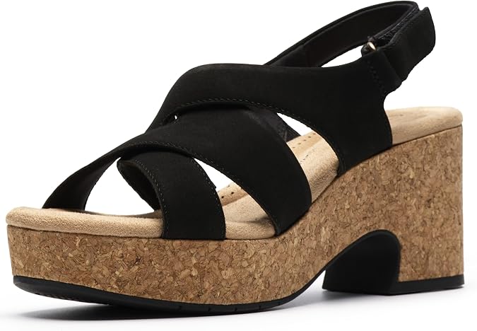 CLARKS Women's Nerisa Grace Wedge Sandal - Black Nubuck - 9W