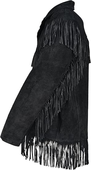 Vipzi Men’s Western Suede Fringe Jacket – Black - Size Large