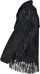 Vipzi Men’s Western Suede Fringe Jacket – Black - Size Large