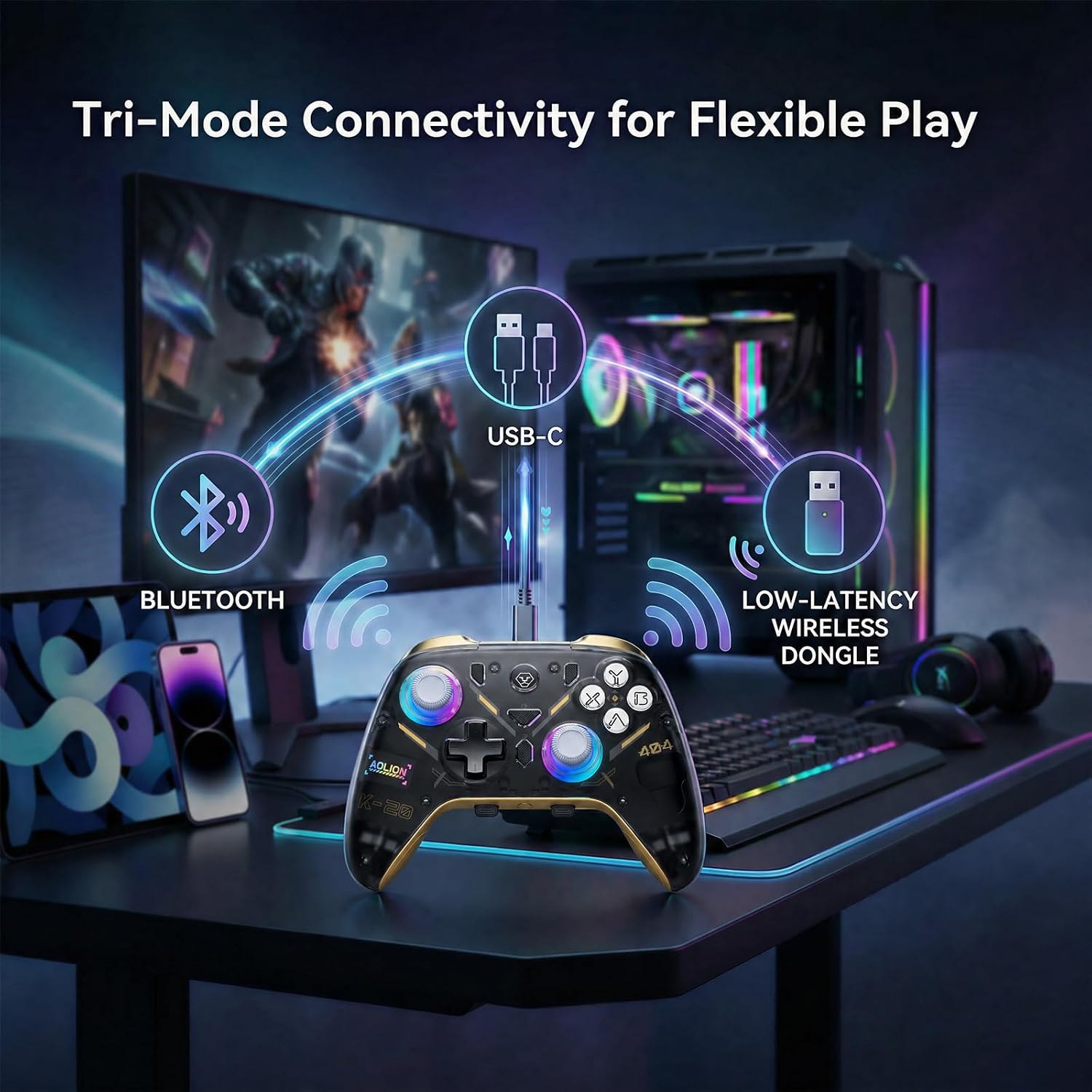 Aolion gaming K20 Wireless Controller for Switch 2/Switch/PC with Dock | Hall Effect Joysticks, 3-Stage Hall Triggers, 1000Hz Polling, Swappable D-Pad
