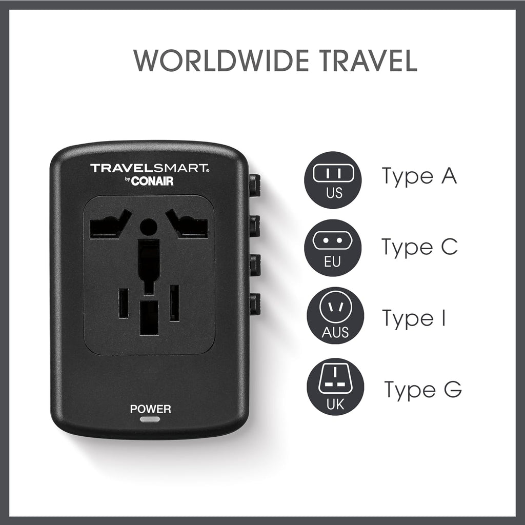 Conair Fast Charge Universal Travel Adapter - All-in-One European and Worldwide Travel Plug Adapter with Surge Protection - Includes USB C Port