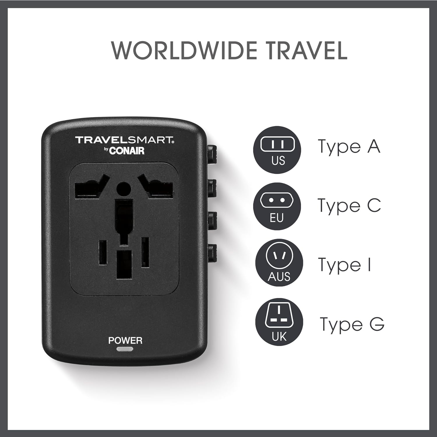 Conair Fast Charge Universal Travel Adapter - All-in-One European and Worldwide Travel Plug Adapter with Surge Protection - Includes USB C Port
