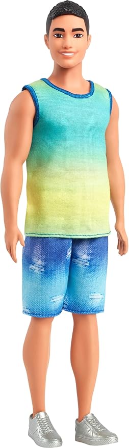 Barbie Fashionistas Ken Doll #236 with Black Hair, Wearing Blue and Green Ombre Tank with Jean Shorts and Silver Sneakers