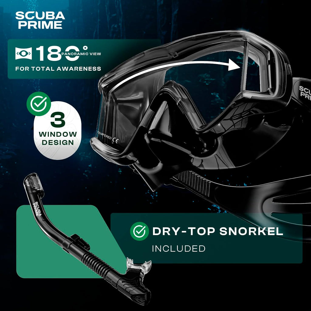 Pano 3 180° Panoramic Dive Mask with Top Snorkel - Black