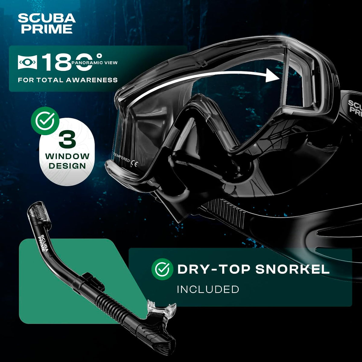 Pano 3 180° Panoramic Dive Mask with Top Snorkel - Black