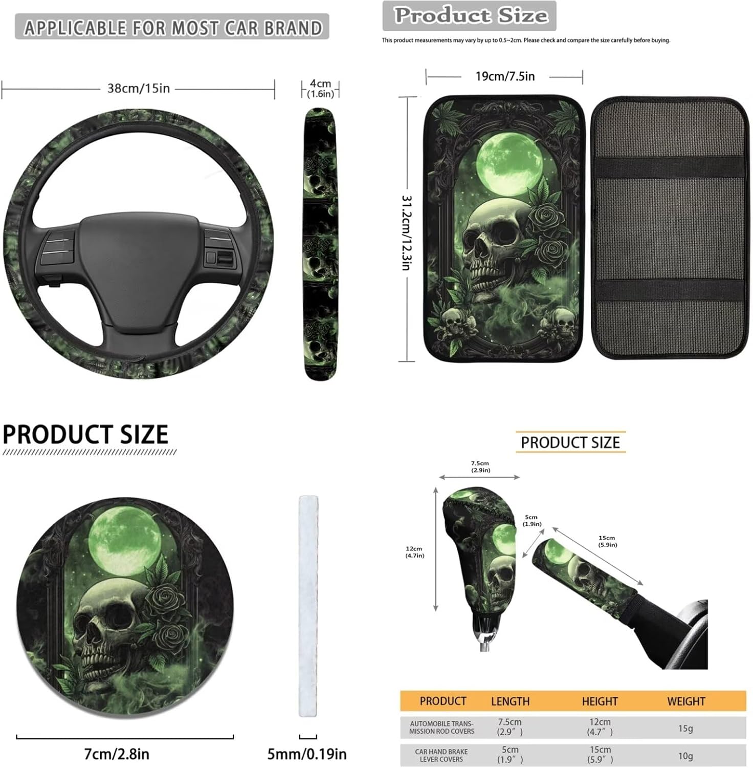 Baxinh Skull Rose Print Car Seat Cover Full Set 16 Pc-Green/Skull Rose