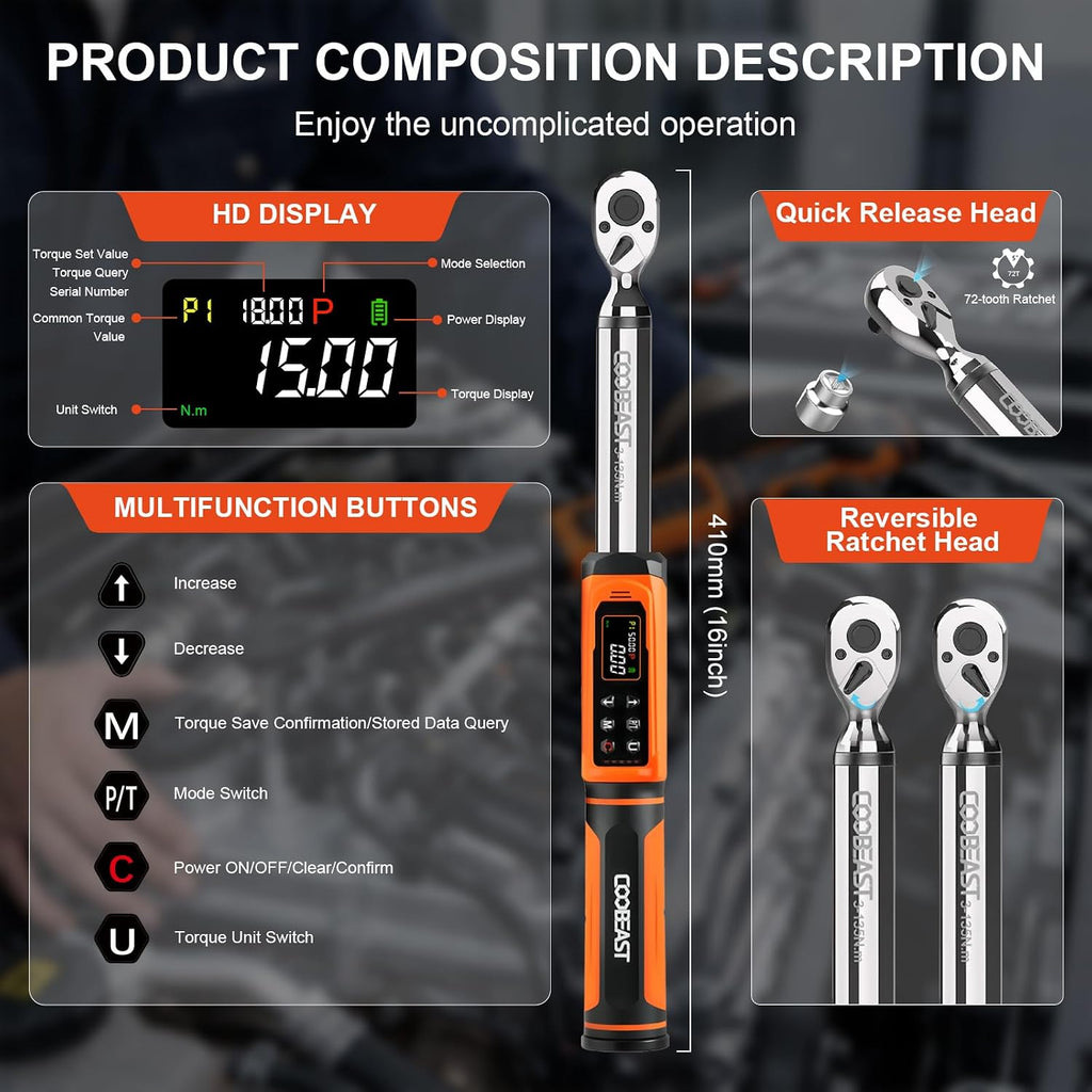 coobeast 3/8 Drive Digital Torque Wrench (1.5-99.5 Ft-lbs./2-135Nm)