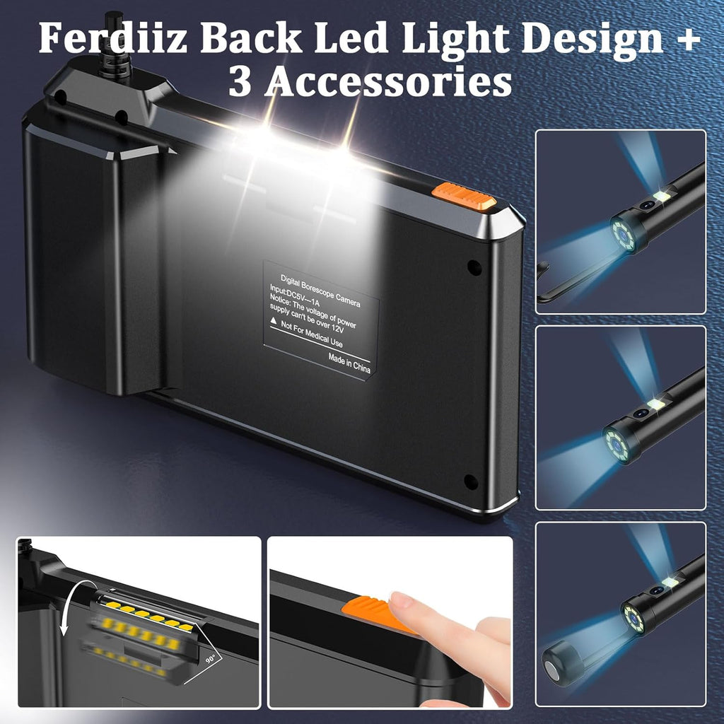 Ferdiiz  Dual-Lens Borescope with Light,Endoscope Camera with Light  4.3" IPS Screen