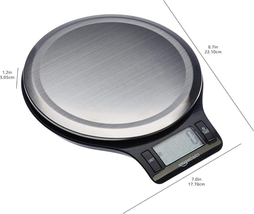 Amazon Basics Digital Kitchen Scale with LCD Display, Tare Function, Multiple Units, Weighs up to 11 Pounds, Batteries Included, Black and Stainless Steel,