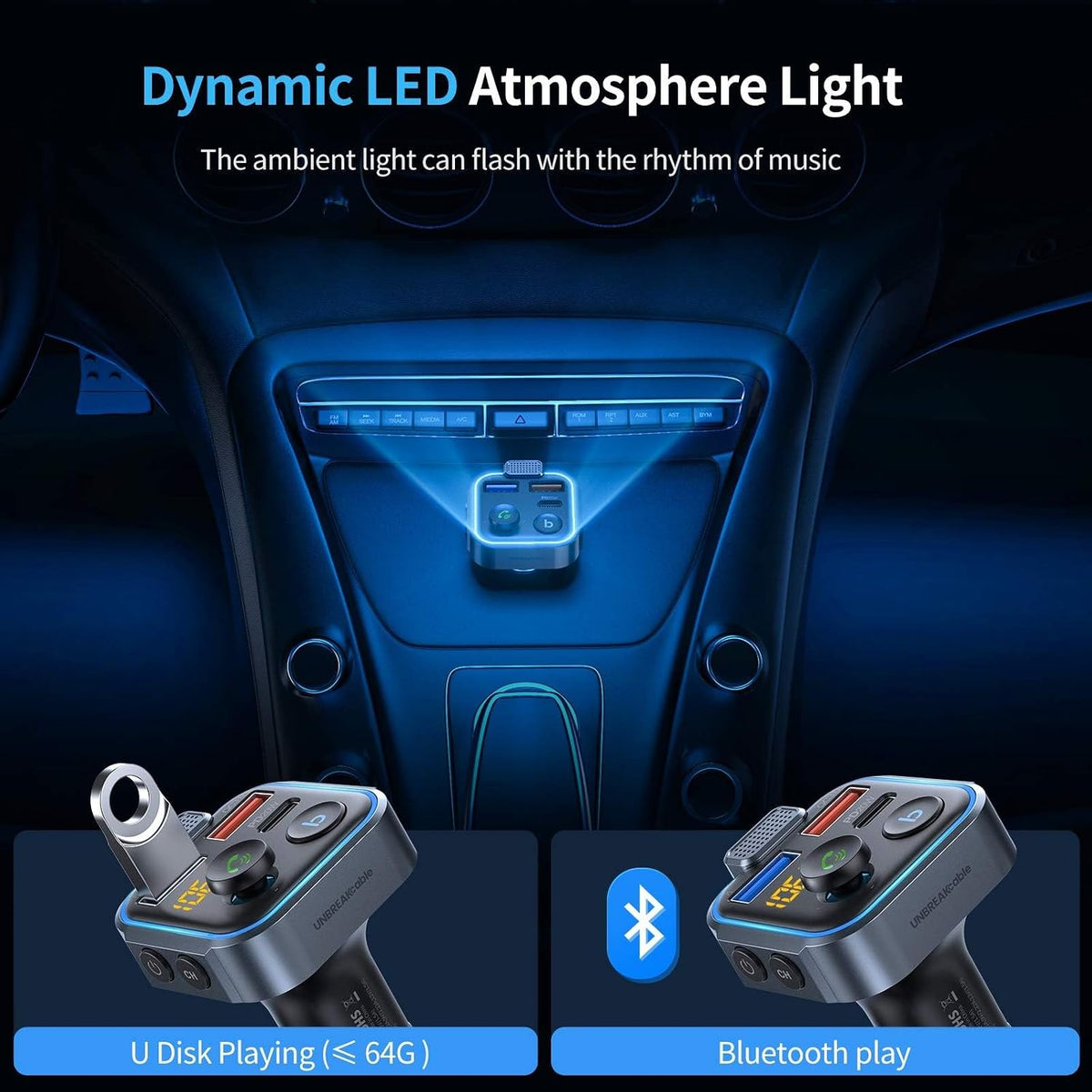 UNBREAKcable Bluetooth 5.3 FM Transmitter for Car Radio Adapter Charger