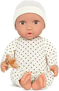 LullaBaby – 14-inch Realistic Baby Doll – Fair Skin Tone & Brown Eyes – Soft Body & Removable Outfit – Ivory Hat & Pacifier Accessory – Toys For Kids Ages 2 & Up – Baby Doll – Ivory Polka Dot Pajama (New, Open Box)