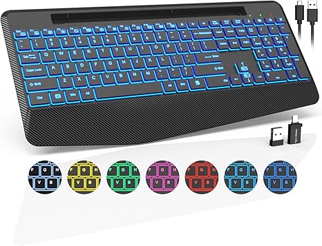 Wireless Keyboard with 7 Colored Backlits, Wrist Rest, Phone Holder, Rechargeable Ergonomic Computer Keyboard with Silent Keys, Full Size Lighted Keyboard for Windows, MacBook, PC, Laptop