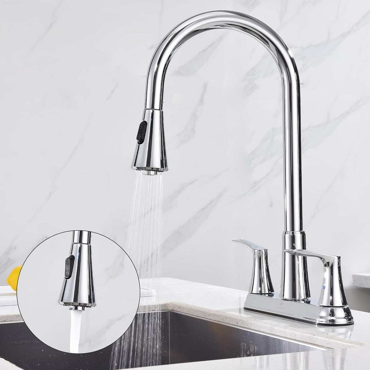 HOMELODY 2 Handles Kitchen Faucet with Pull Down Sprayer for 3 Hole Sink, 8 inch 360° Rotating Spout Center set Kitchen Sink Faucet with Water Lines Chrome    NEW