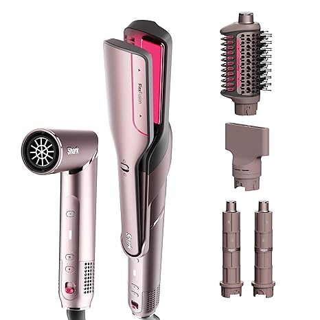 Shark FlexFusion Hair Straightener & Powerful Hair Dryer with Fusion Hair Brush, Ceramic Air Styler with Auto-Wrap Hair Curlers & Concentrator, Ceramic Plates, Cosmic Blush HD641S