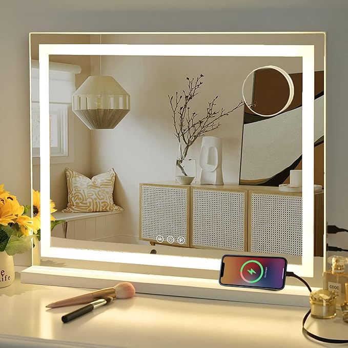 Vanity Mirror with Lights, 23" x 18" Makeup Mirror, Hollywood Mirror with 3 Color Modes & Adjustable Brightness, Detachable 10x Magnification and USB Charging Design (White)(New Open Box)