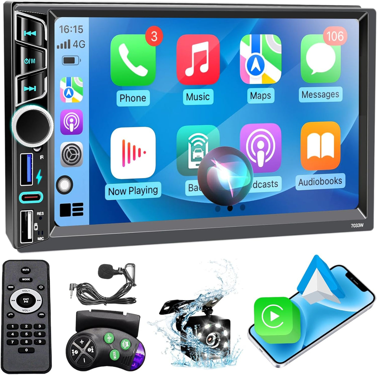 7" Double Din Car Stereo with Wireless Apple CarPlay&Android Auto,180W Outputs, Bluetooth 5.2/FM/AM/USB-C/38W Fast Charge/Physical Knob/USB,Stereo for 7x4.02"Double Din Size
