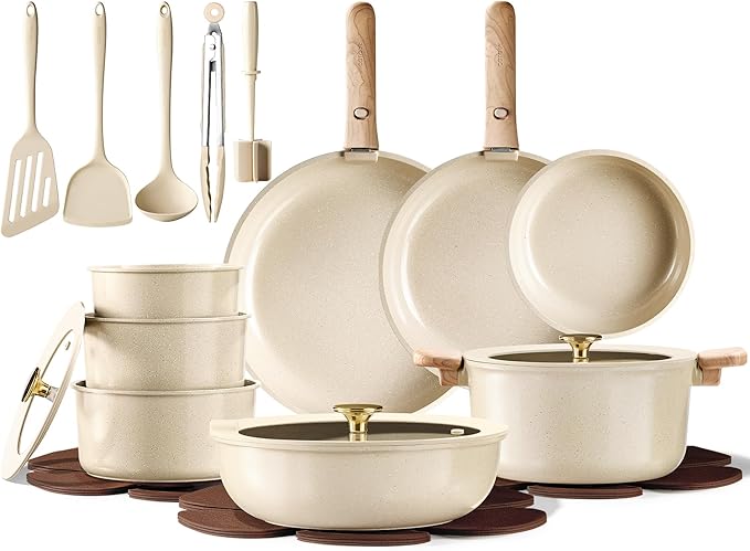 CAROTE 25pcs Ceramic Cookware Set Nonstick, Pots and Pans Set Non stick, Non Toxic Cookware, Dishwasher/Oven Safe, RV/Camping Cookware Set, Pan and Pot with Kitchen Utensils, Green