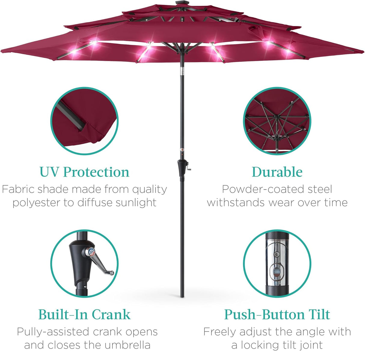 Best Choice Products - 3-Tier Patio Umbrella w/ Tilt Adjustment, Crank - 10ft - Burgundy