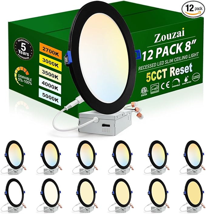 zouzai 12 Pack 8 inch 5CCT Ultra-Thin LED Recessed Ceiling Light with Junction Box, 2700K/3000K/3500K/4000K/5000K Selectable,Dimmable, led can Lights - ETL and Energy Star Certified
