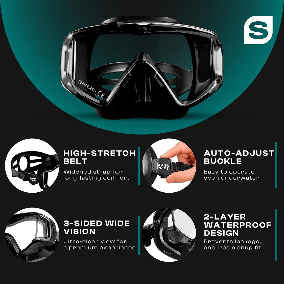 Pano 3 180° Panoramic Dive Mask with Top Snorkel - Black