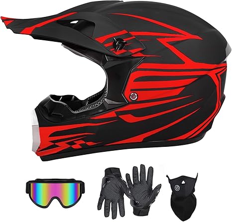 SanQing Youth Adult Motocross Dirt Bike Helmet DOT Approved ATV Motorcycle Full Face Helmet Kids Four-Wheeler Offroad Street MX Helmet with Gloves,Goggles,Face Shield 4-Piece Set  (NEW)