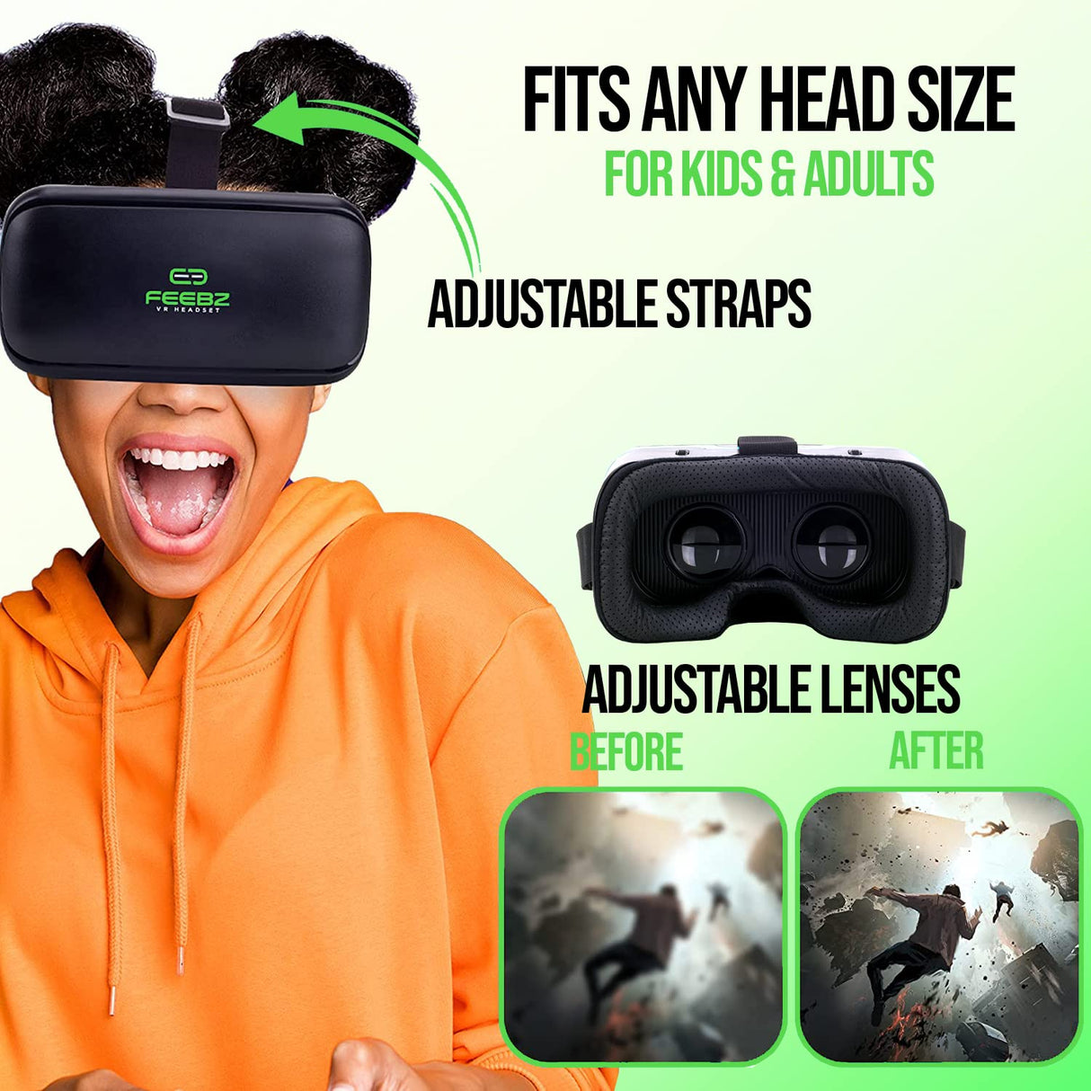 3D VR Headset for iPhone & Android Phones 1.0 - with Links to 3D VR Videos | Wearable VR Set for Kids & Adults – Green (OPEN BOX)