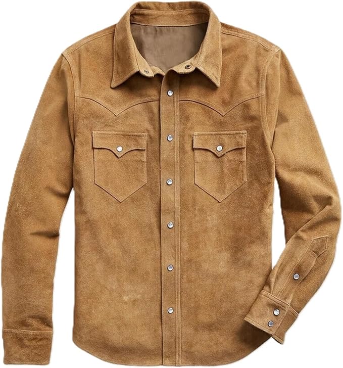 Men's Real Suede Leather Trucker Jacket - Beige - Large