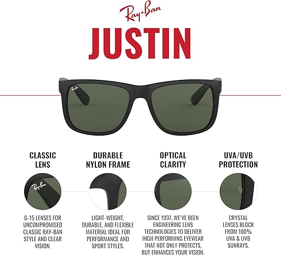 Ray-Ban RB4165 Justin Classic Square Sunglasses - Rubber Black / Dark Blue