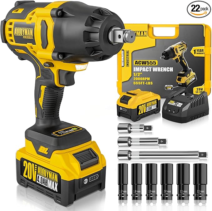 Alloyman Impact Wrench Cordless, Max Torque Battery Impact Wrench Brushless Motor