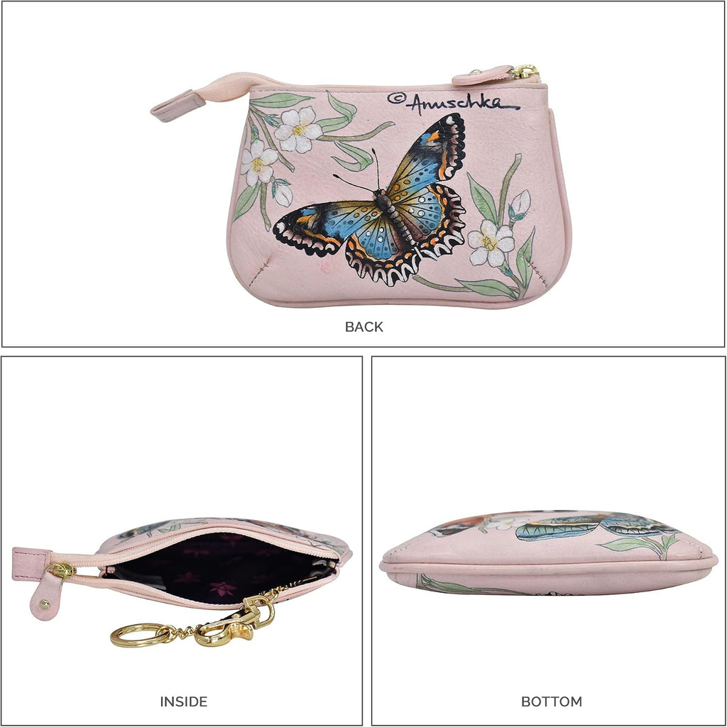 Anuschka Women’s Leather Coin Purse – Hand-Painted Genuine Leather Coin Purse with Secure Closure - 1107, Butterfly Melody