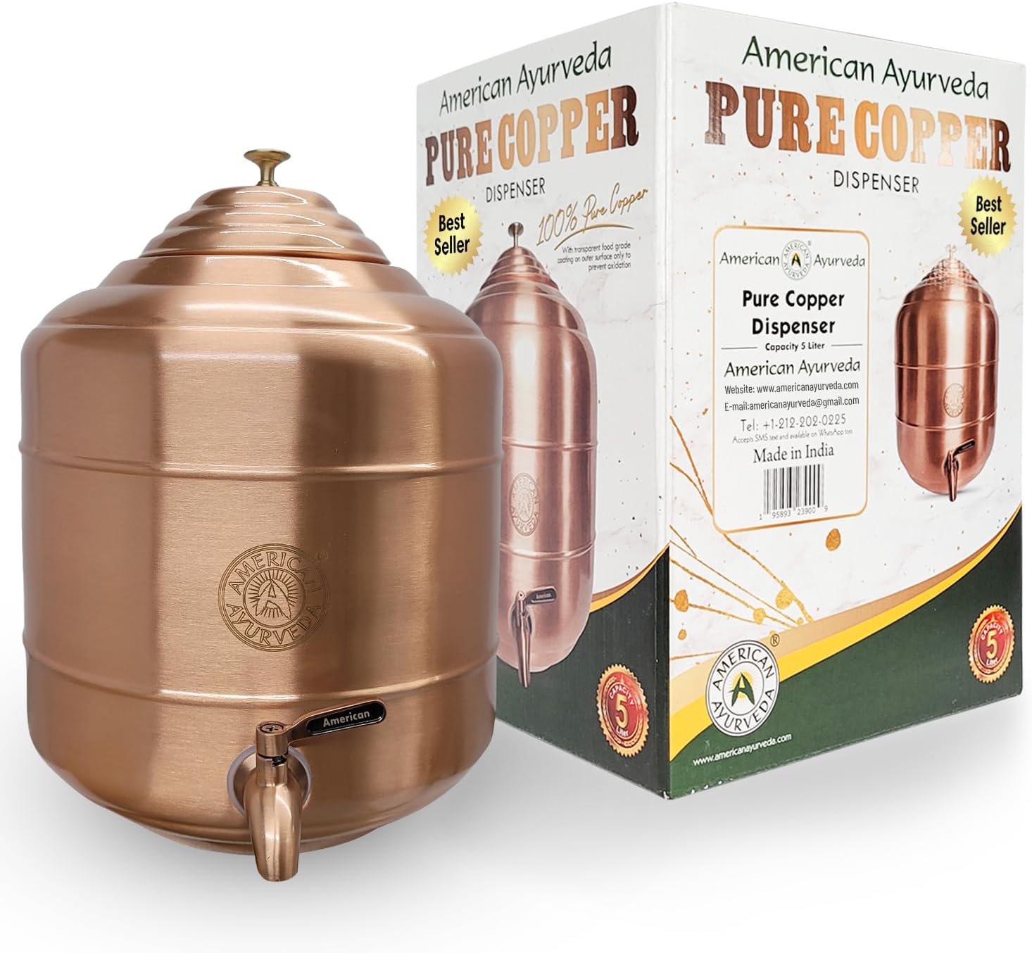 A 100% Pure Copper wer Dispenser Storage Tank Pot, Stainless Steel Faucet spigot and Lid included, Healthy Organic Water Yoga Meditation 3.17 Gallon (12 Liters), 5G-3.17G-1.32G