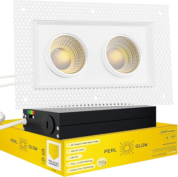 Perlglow 4 inch Trimless 2 Head Multiple Gimbal Downlight Luminaire, White Finish, LED Recessed Light Fixtures Dimmable 28W=225W, 2200 Lumens CRI 90+, 5CCT Selectable 2700K|3000K|3500K|4100K|5000K
