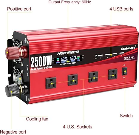 Cantonape 2500W Power Inverter 12V to 110V DC to AC with LCD Display, Remote Controller 4 x AC Outlets and 4 x 3.1A USB Car Adapter for Car Truck Boat RV Solar System (Open Box)