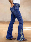 Flamingals Women's Buttoned Hem Bootcut Jeans Without Belt Mid Waist Casual Pants Navy Blue SMALL